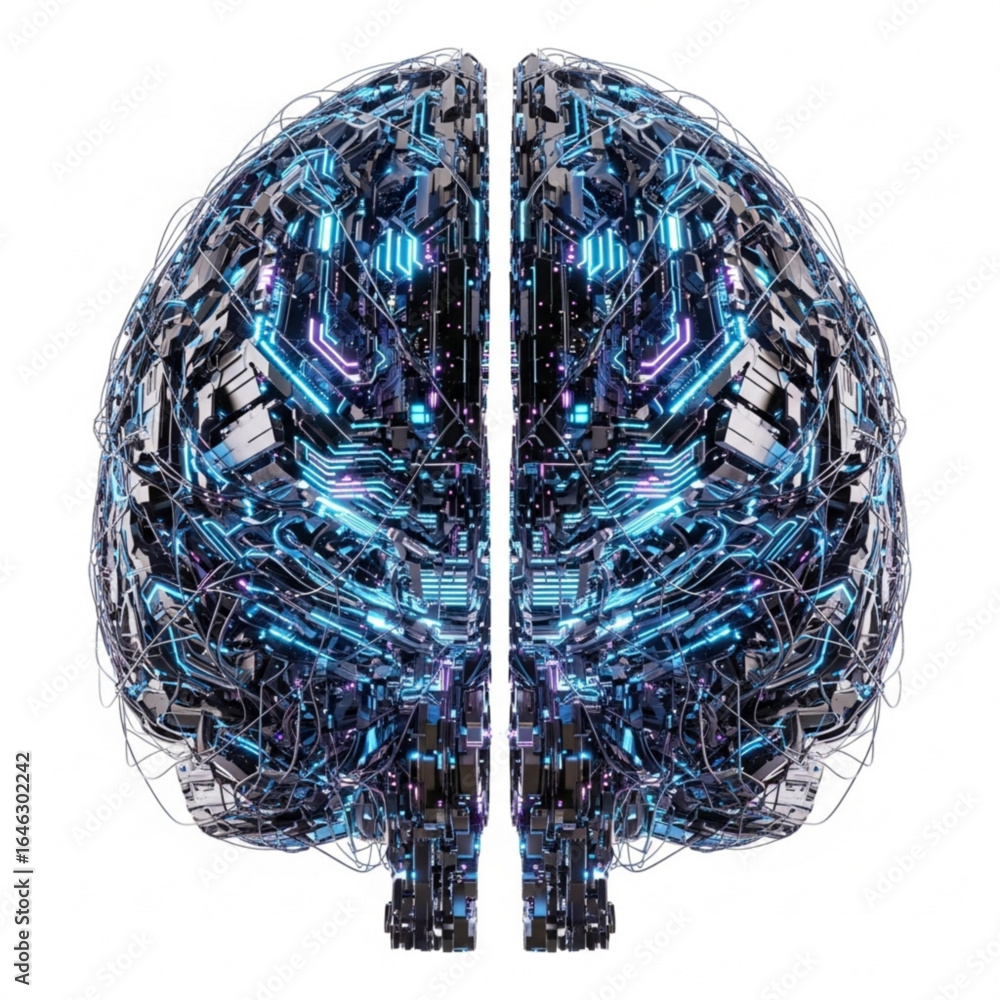 Poster complex mechanical representation of human intellect with intricate wiring and glowing components de