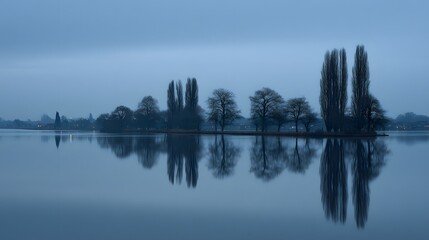 Obraz premium Tranquil lake at dawn with mirrored reflections of trees.