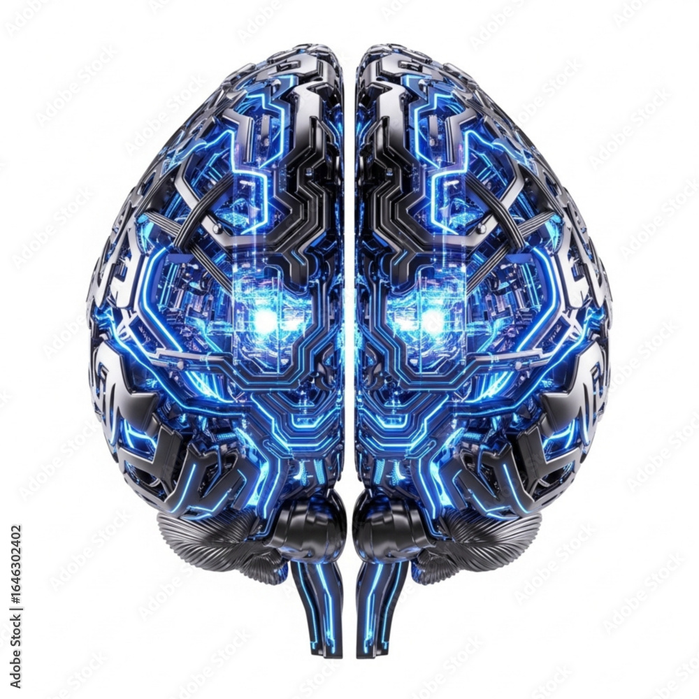 Poster digital representation of human intellect with glowing circuits and metallic exterior rendering in d