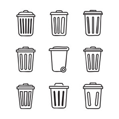 Collection of trash can icons silhouette isolated on white background