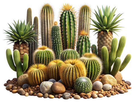 Assortment of Desert Cacti and Succulents with Pebbles and Spheres on Transparent Background cactus desert plant isolated on a transparent background