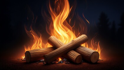 a stylized campfire with glowing logs and bright flames flickering against a dark background