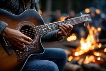 Obraz premium Playing guitar by the campfire with friends under the evening sky