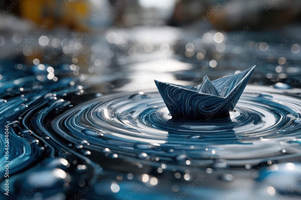 Poster paper boat floating on water surface with swirling patterns and reflections in a serene setting