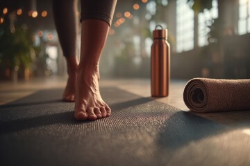 Close-up of barefoot woman preparing for yoga practice with a copper bottle and towel, sunlight streaming through a window in a serene, modern studio.