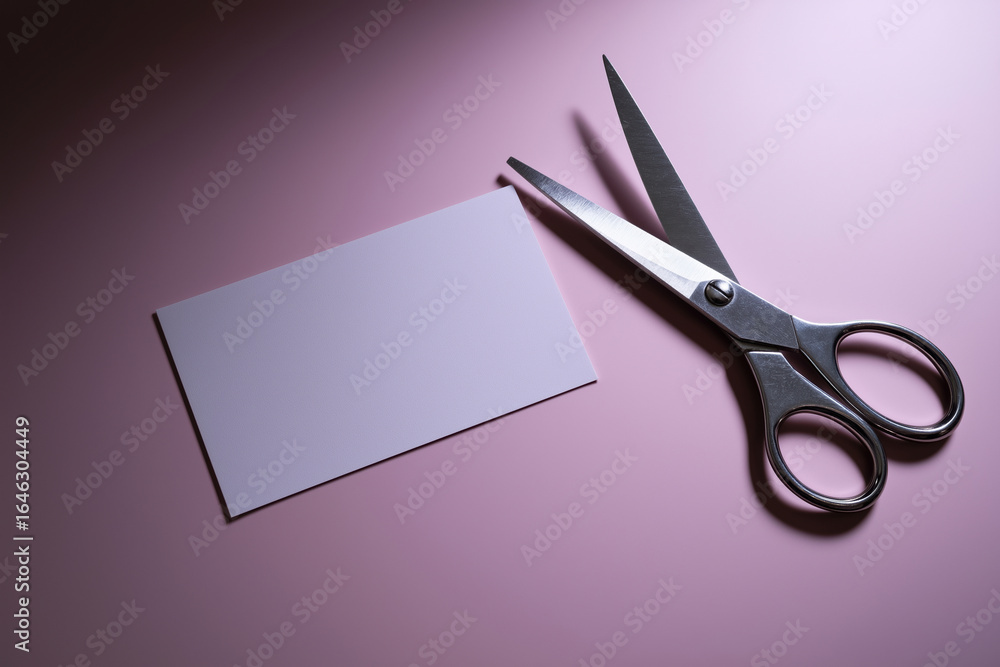 Poster crafting workspace includes scissors and a blank card on pink surface