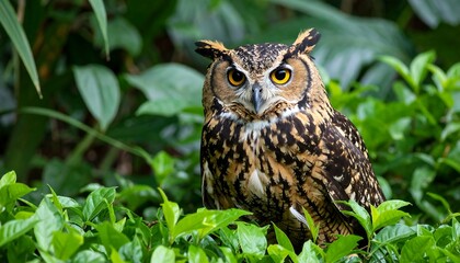 Obraz premium Eagle-eyed owl in dense foliage
