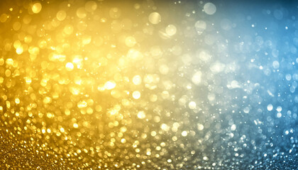 A festive abstract background blending glittering gold and icy blue tones with soft snowflake shapes and shimmering light effects