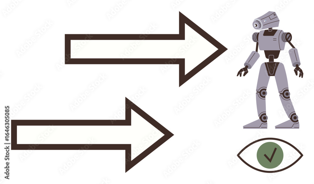 Poster robot next to bold arrows and a green check-marked eye symbolizing artificial intelligence, directio