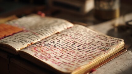 Medium shot capturing poignant lessons learned written in a notebook with vivid ink strokes standing out against a subtly blurred desk beneath.