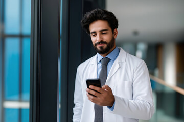 Fototapeta premium Medical professional checking smartphone in modern healthcare facility
