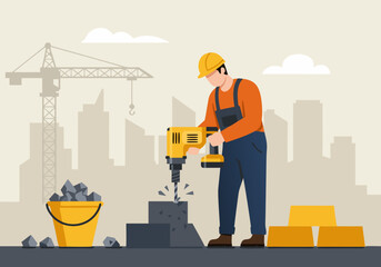 Construction Worker with Jackhammer Building, Industry, and Cityscape in Vector Illustration