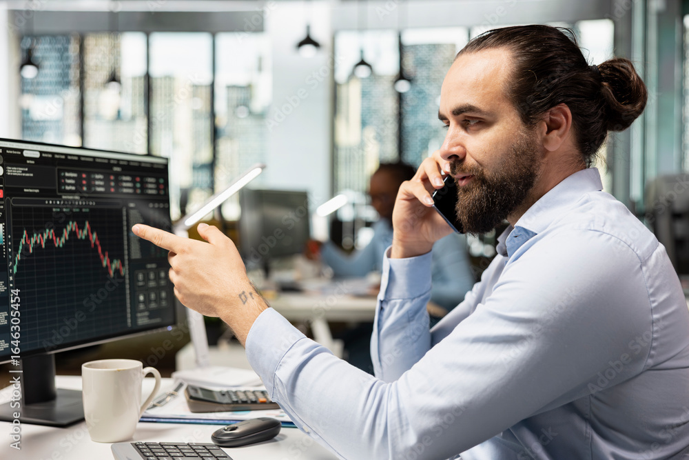 Poster trader following stock exchange trends on trading platform, talking over phone call with customer. f