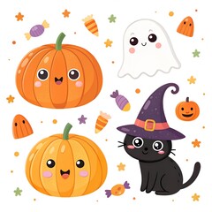 Cute Halloween Elements – Cartoon Pumpkins, Candy, Witch Hat, Ghost and Black Cat in Vibrant Flat Vector Style 5000x5000px