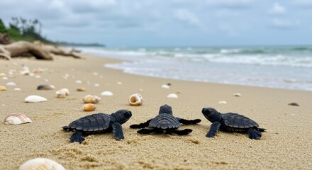 Obraz premium Three Baby Turtles on Sandy Beach, Ocean Waves in Background, Shells Scattered