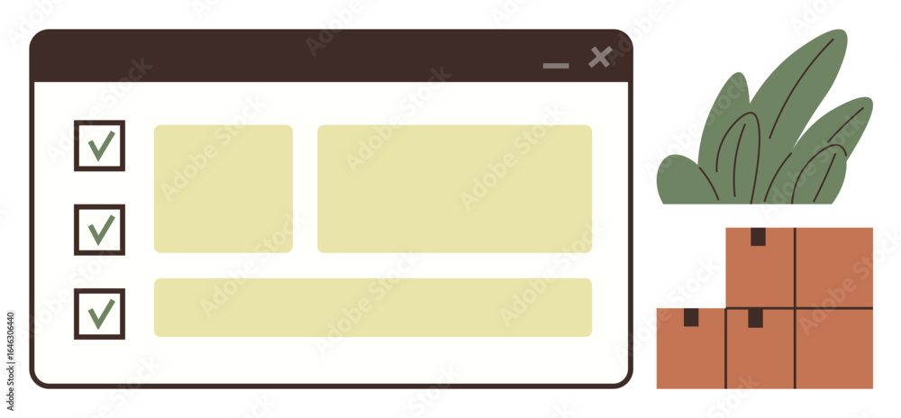 Poster checklist with marked tasks in a web interface, stacked cardboard boxes, and minimalist plants. idea