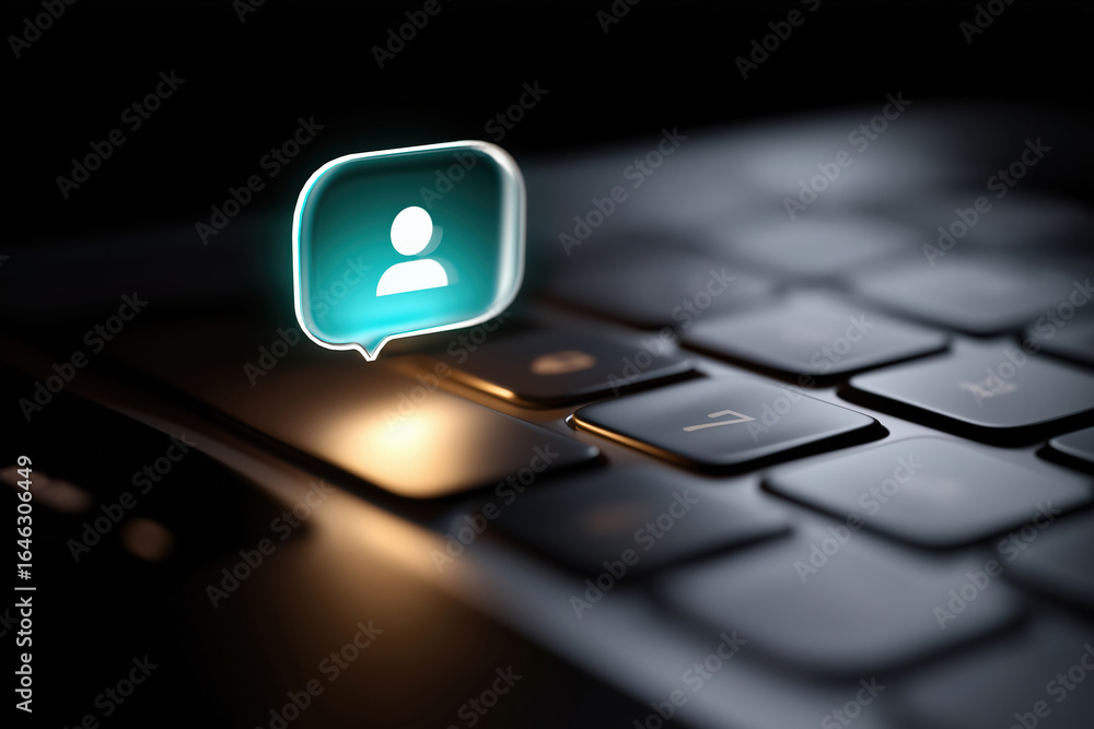 Poster digital conversation interface displayed on a modern laptop keyboard at night