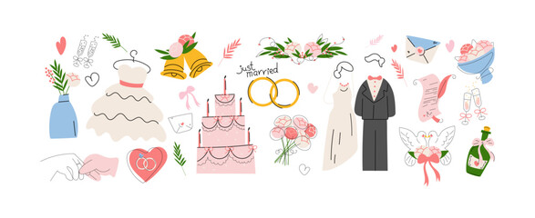Cartoon wedding sticker set. Bridal gowns, wedding cakes, engagement rings, bouquets, champagne, romantic doves, and invitation cards. Trendy 90s retro doodle style for marriage celebrations and roman