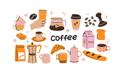 Coffee stickers set. Coffee cups, moka pots, French presses, croissants, milk cartons, espresso, cappuccino, and coffee beans. Minimalist retro doodle icons for coffee shop decor and brewing lovers.