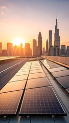 Solar panels in dubai with city skyline at sunset for renewable energy concept