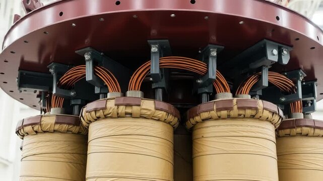 Closeup view of industrial electrical transformer components with copper windings and insulation