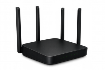 Modern black wireless router with four antennas transmitting data, isolated on transparent background, ensuring secure and reliable internet connectivity