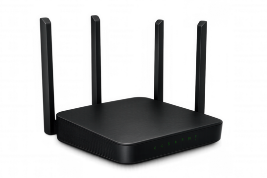 Modern black wireless router with four antennas transmitting data, isolated on transparent background, ensuring secure and reliable internet connectivity