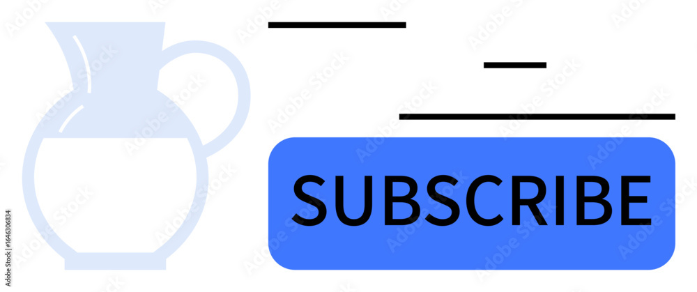 Poster blue subscribe button placed next to a transparent jug icon, surrounded by minimalist lines and shap