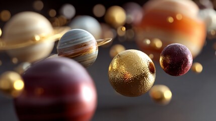 Naklejka premium Celestial spheres floating, vibrant colors, golden accents, cosmos concept