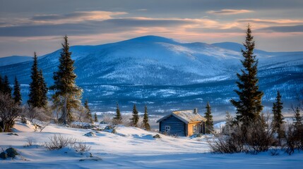 Rustic wooden cabin nestled in a snowy mountain landscape.