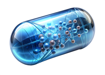 Blue Transparent Capsule with Blue and Brown Molecular Structure on Black Background pill medicine isolated on a transparent background