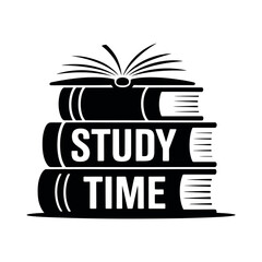 Stack of three books with open top book and study time text