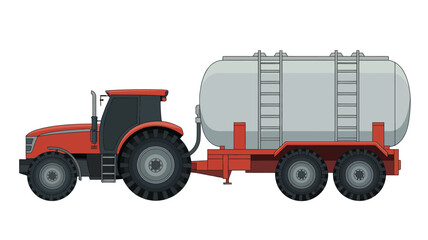 Fototapeta premium Red tractor pulling a large white water tank trailer