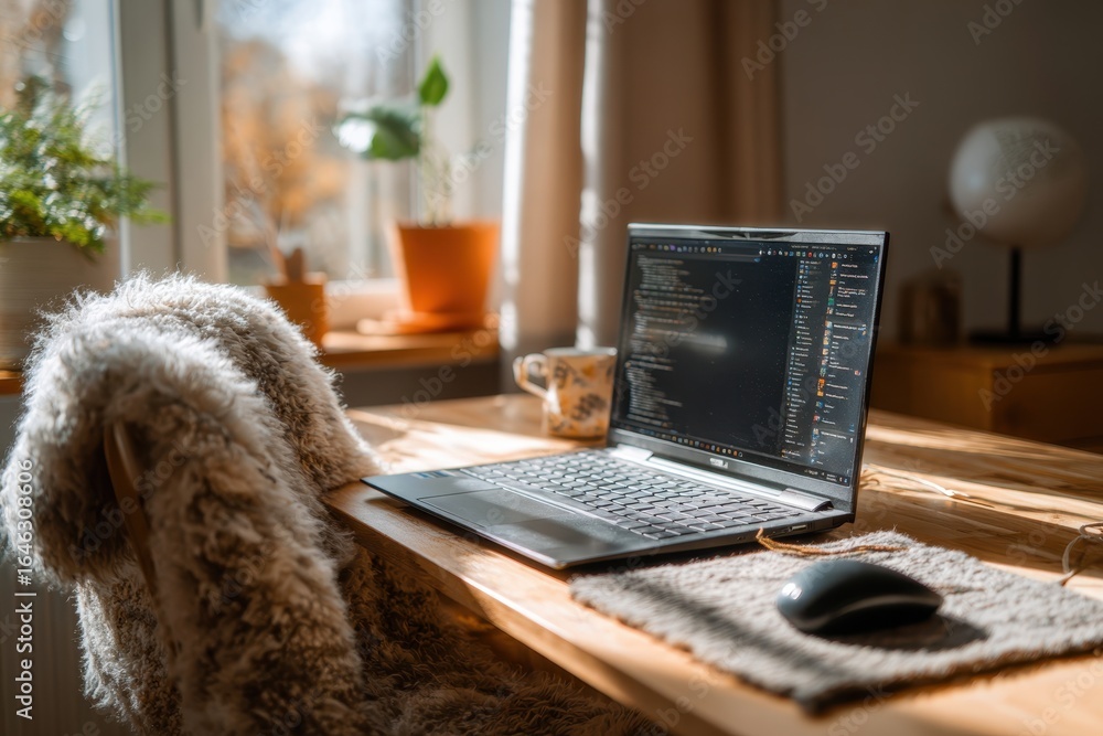 Aufkleber cozy home office setup with a laptop displaying code, creating a comfortable workspace perfect for p
