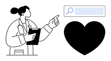 Female healthcare professional with clipboard pointing at search bar near heart, representing medical guidance, cardiology, online healthcare, research, patient care, diagnostics, simple landing page