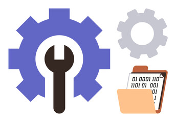 Wrench over gear, folder holding binary code, and smaller gear in background. Ideal for technology, maintenance, repair, programming, data management digital tools and system optimization. Simple