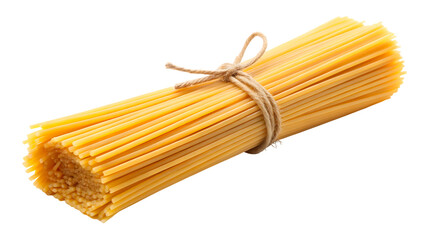 Bundle of uncooked spaghetti pasta tied with twine on a black background food isolated on a transparent background