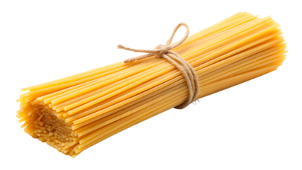 Bundle of uncooked spaghetti pasta tied with twine on a black background food isolated on a transparent background