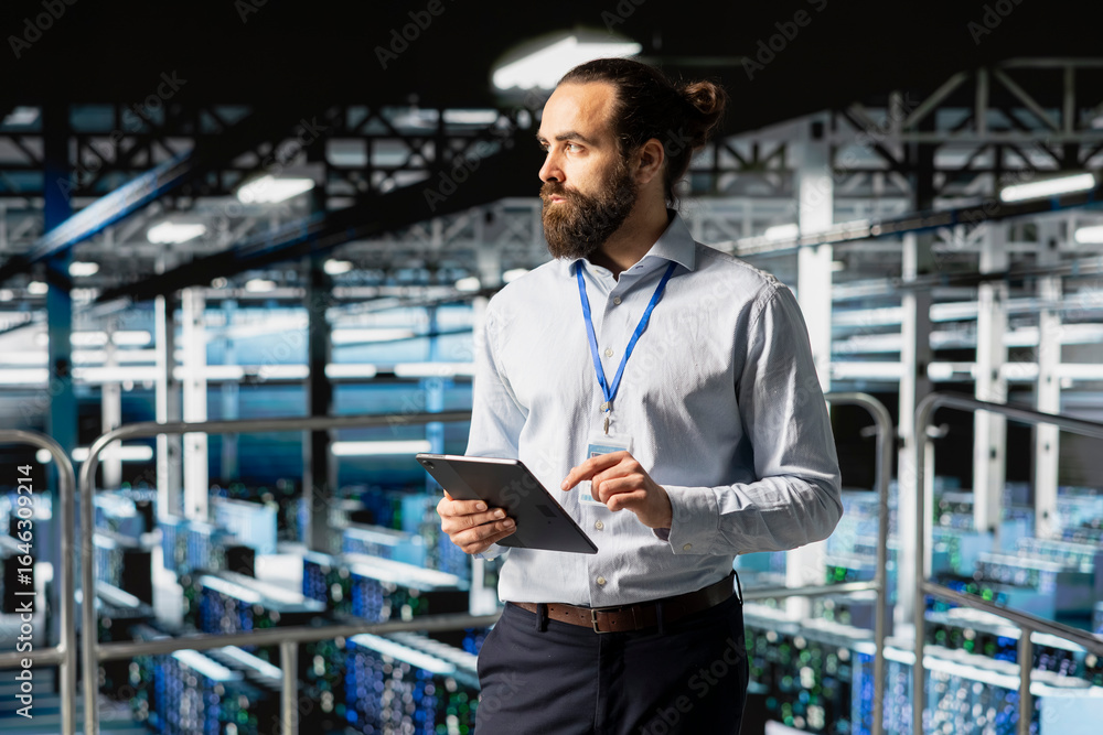 Poster server hub employee doing maintenance on server rigs with tablet, handling ai processing tasks. syst