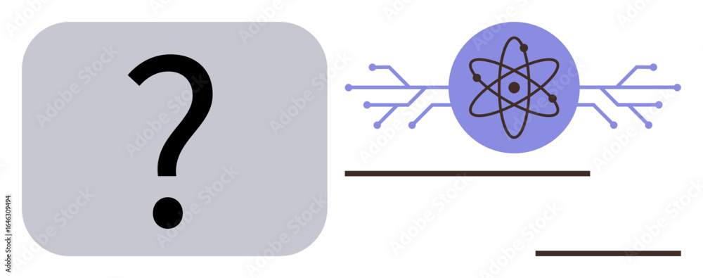 Poster atomic model symbol with branching nodes beside a question mark block. ideal for innovation, science