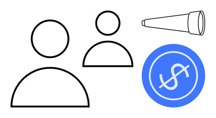 Outlines of two people, telescope, and currency symbol focus on teamwork, future, finance, strategy, growth, collaboration success. Ideal for networking goal setting simple flat metaphor