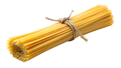Bundle of uncooked spaghetti pasta tied with twine on a black background food isolated on a transparent background