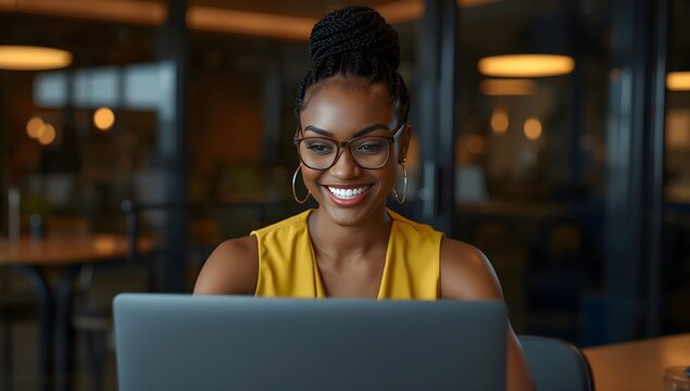 Smiling african american woman wearing glasses and a yellow top working on a laptop in a modern office with blurred background lighting