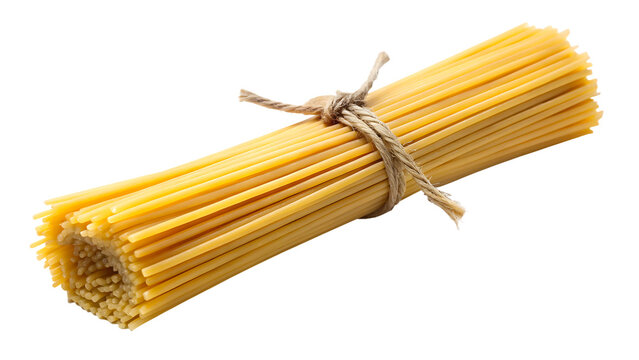 Bundle of uncooked spaghetti pasta tied with twine on a black background food isolated on a transparent background