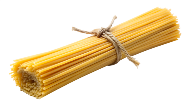Bundle of uncooked spaghetti pasta tied with twine on a black background food isolated on a transparent background