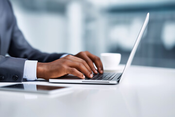 Business professional types on laptop in modern office setting during work hours