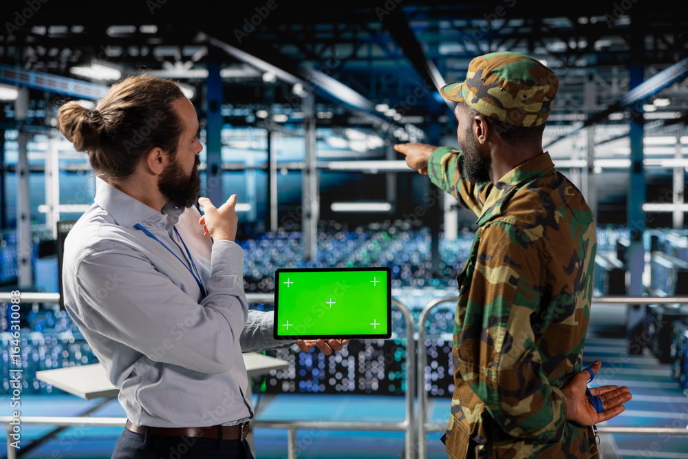 Poster military personnel overseeing ai computing operations on isolated screen in high tech server facilit