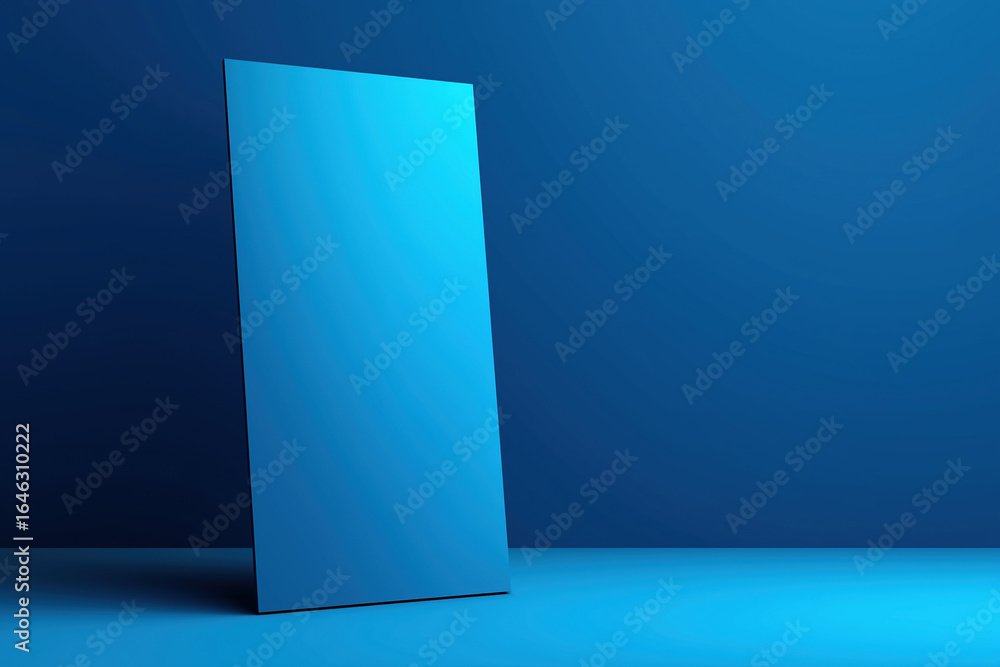 Poster mirror reflecting blue tones in a minimalistic setting with soft lighting