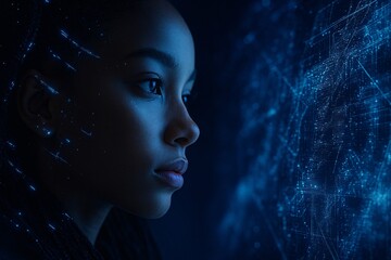 Profile of a young black woman looking at a futuristic glowing blue data network, symbolizing AI, big data, and the next generation of technology.