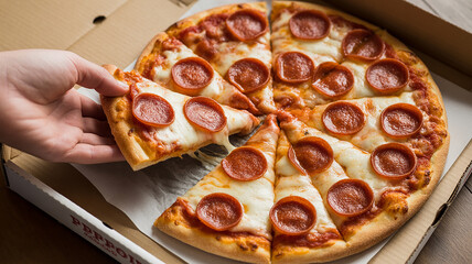 Hand reaching for a delicious slice of pepperoni pizza in a box